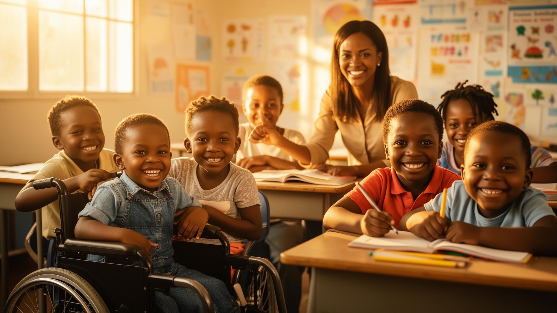 Diverse children with special needs learning together with their teacher
